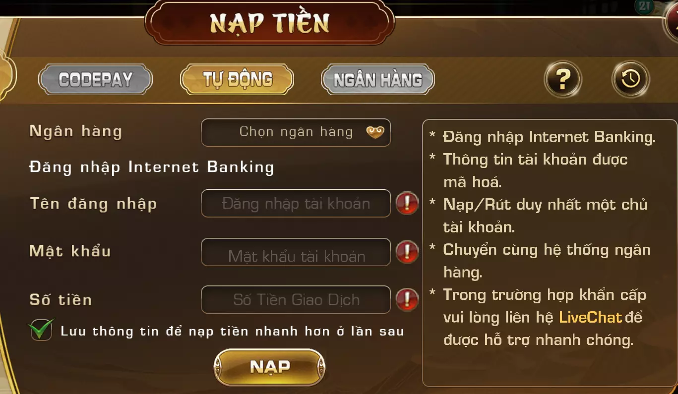 Nạp tiền iwin qua hình thức Tự động