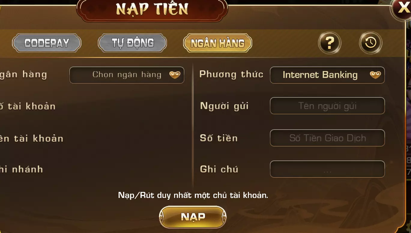 Nạp tiền vào game qua tài khoản ngân hàng